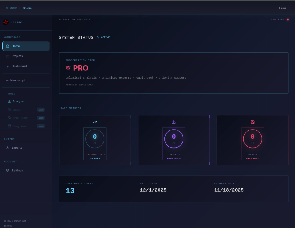 alt="Shot Rhythm Studio Analyzer v2.0 PRO console dashboard for story rhythm and emotional arc analysis